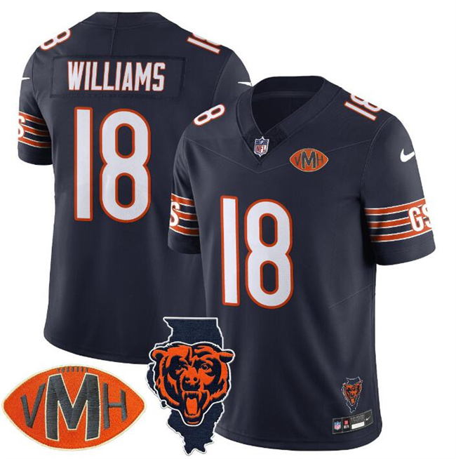 Men's Chicago Bears #18 Caleb Williams Navy F.U.S.E. With Illinois and VMH Patch Stitched Football Jersey Men's Chicago Bears #18 Caleb Williams Navy F.U.S.E. With Illinois and VMH Patch Stitched Football Jersey